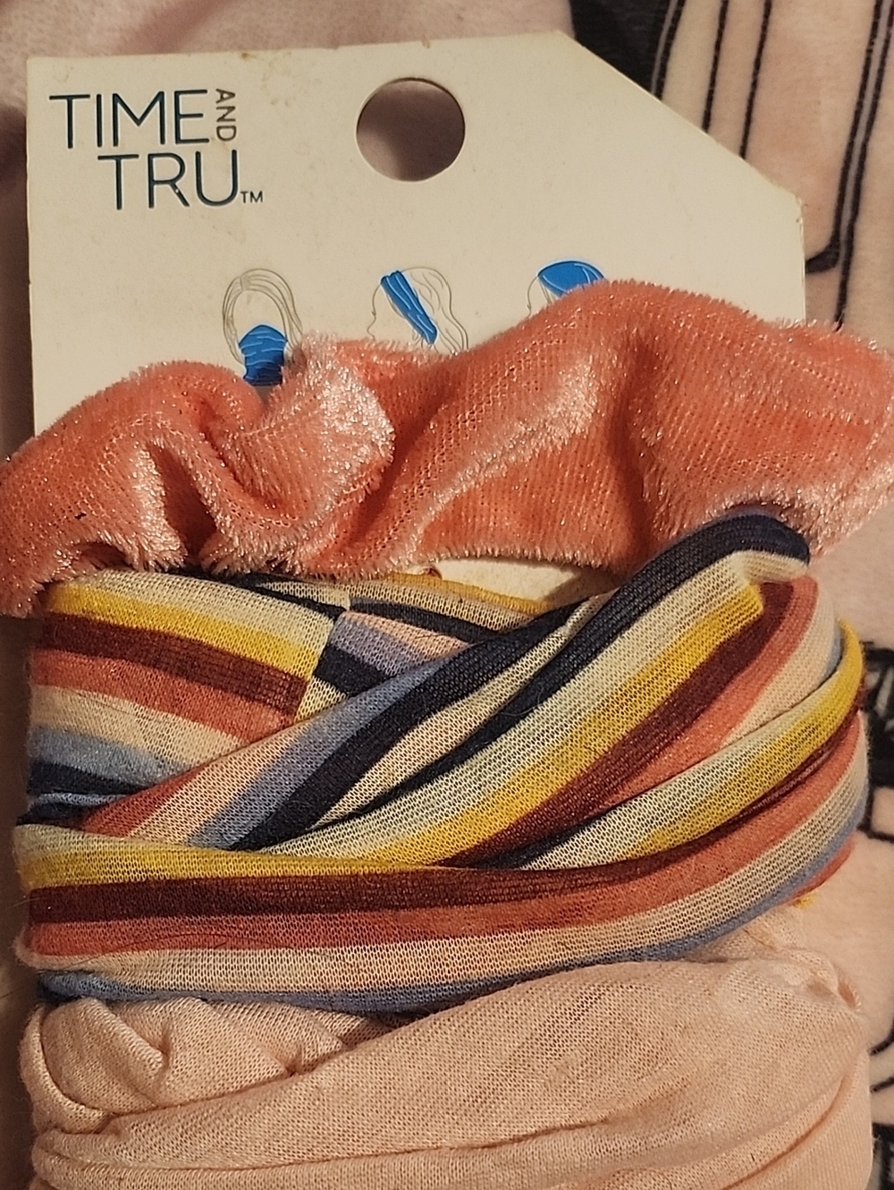 Time and Tru Peach Velvet and Multi-Stripe Hair Scrunchie Trio